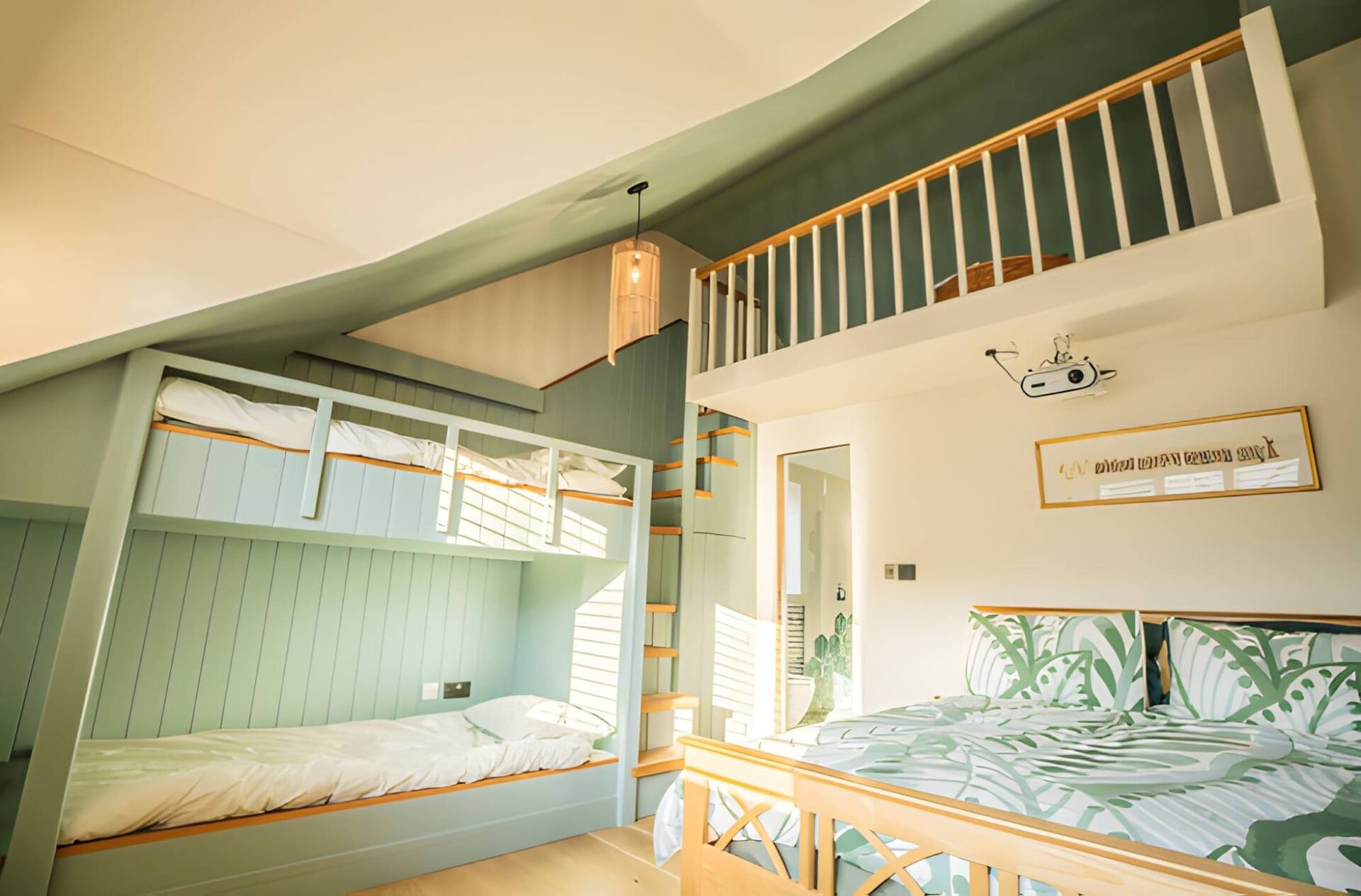A bedroom finished by Noble in sage green: panelled walls, built-in bunks and a mezzanine